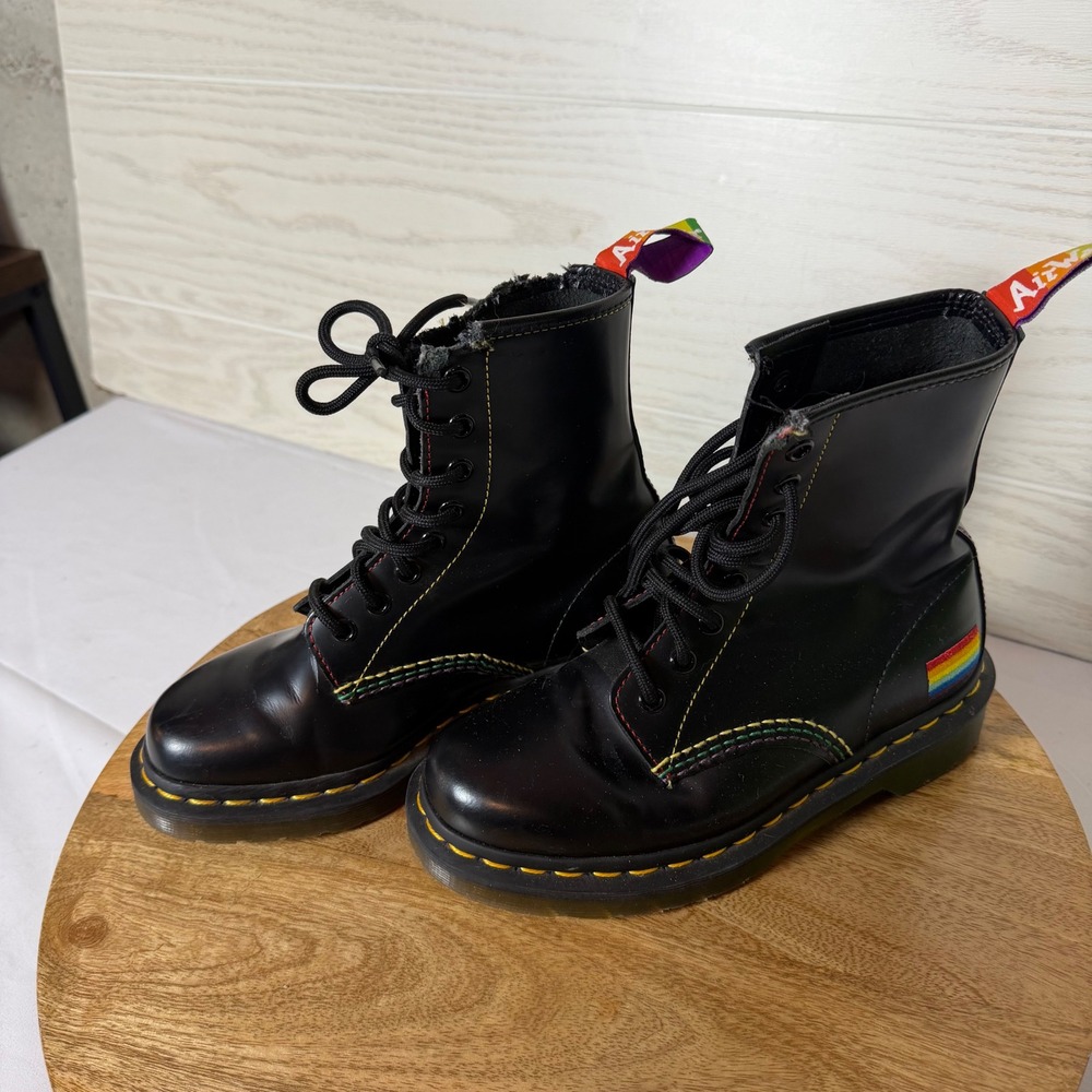 Dr. Martens 1460 Pride Black Leather Rainbow Stitch Lace Up Boots Womens